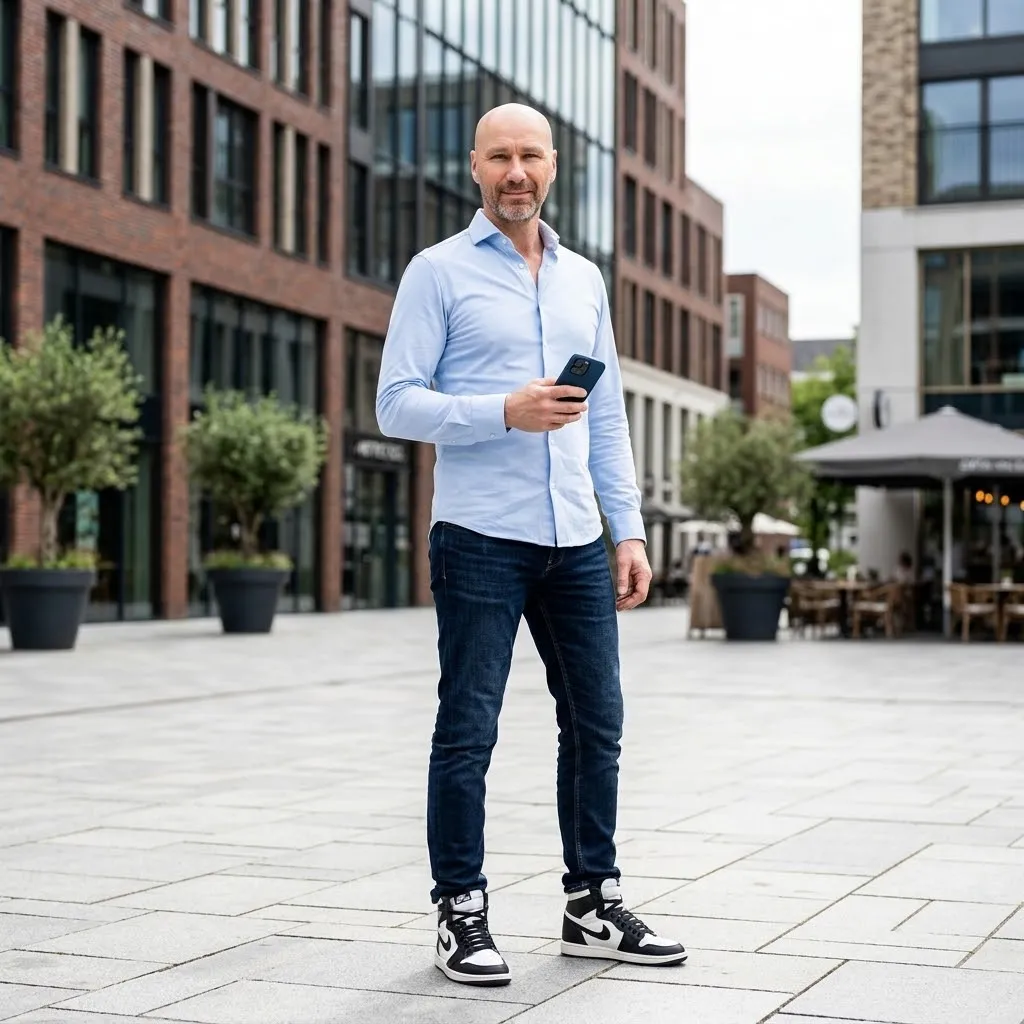 Bald man in lichtblauw overhemd en jeans staat buiten in een moderne stedelijke omgeving met een smartphone in de hand